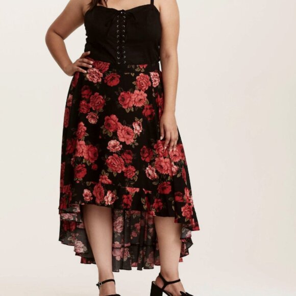 TORRID BLACK ROSE HI LO CHALLIS MAXI SKIRT 0 0X L 12 NWOT - Picture 2 of 3